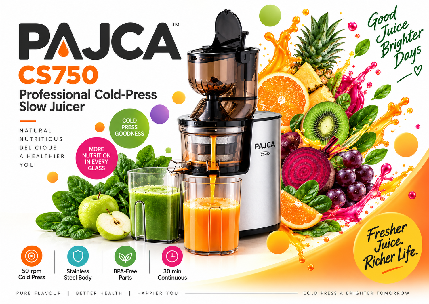 Pajca CS750 professional cold-press slow juicer with fresh fruit and juice