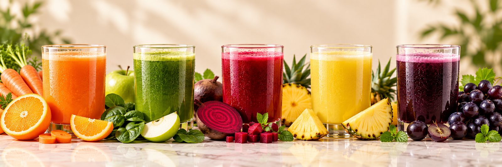 A row of cold-pressed juices in orange, green, red, yellow and purple