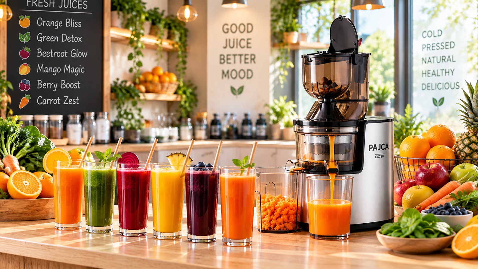 A juice bar counter with glasses of fresh juice and the Pajca CS750